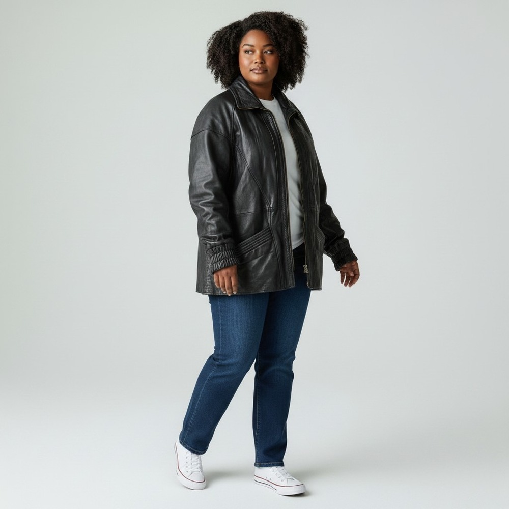 Vintage Mixit Black Leather Zip Up Jacket Oversized Mid Length Pleated Pockets L